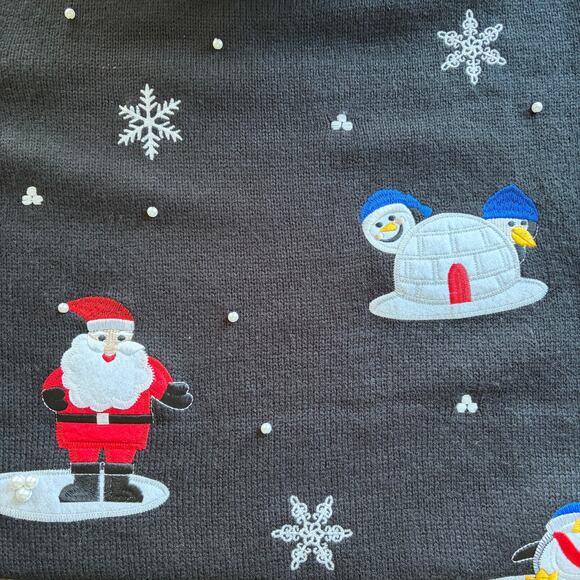White Stage Women’s Christmas Sweater 2X Black Embroidered Snowman Santa Vintage - Picture 3 of 8